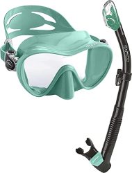Italian Design Tempered Glass Lens Frameless Mask, Anti-Fog Panoramic View Snorkel Mask and Anti-Leak Dry Snorkel Tube, Snorkeling Gear for Adults, Snorkel Kit Bag Included. Mint