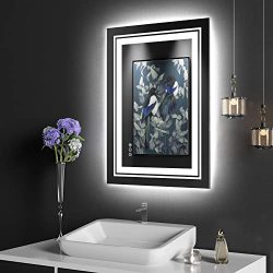 Snowdool 27.6″ x 19.7″ LED Bathroom Mirror with Lights, Front and Backlit Mirror, Anti-Fog Lighted Vanity Mirror, Stepless Dimmable, 3 Colors LED Mirror (Horizontal/Vertical)